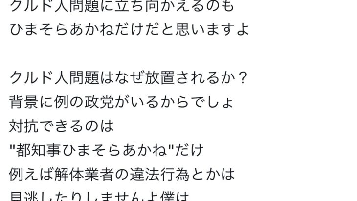 【速報】都知事候補ひまそらあかね、クルド人問題に立ち向かうとポストする！【HotTweets】