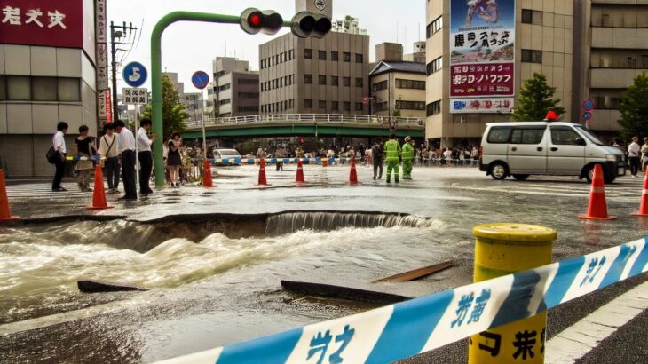 【速報】広島市の交差点で道路陥没、想像以上にヤバい。。。